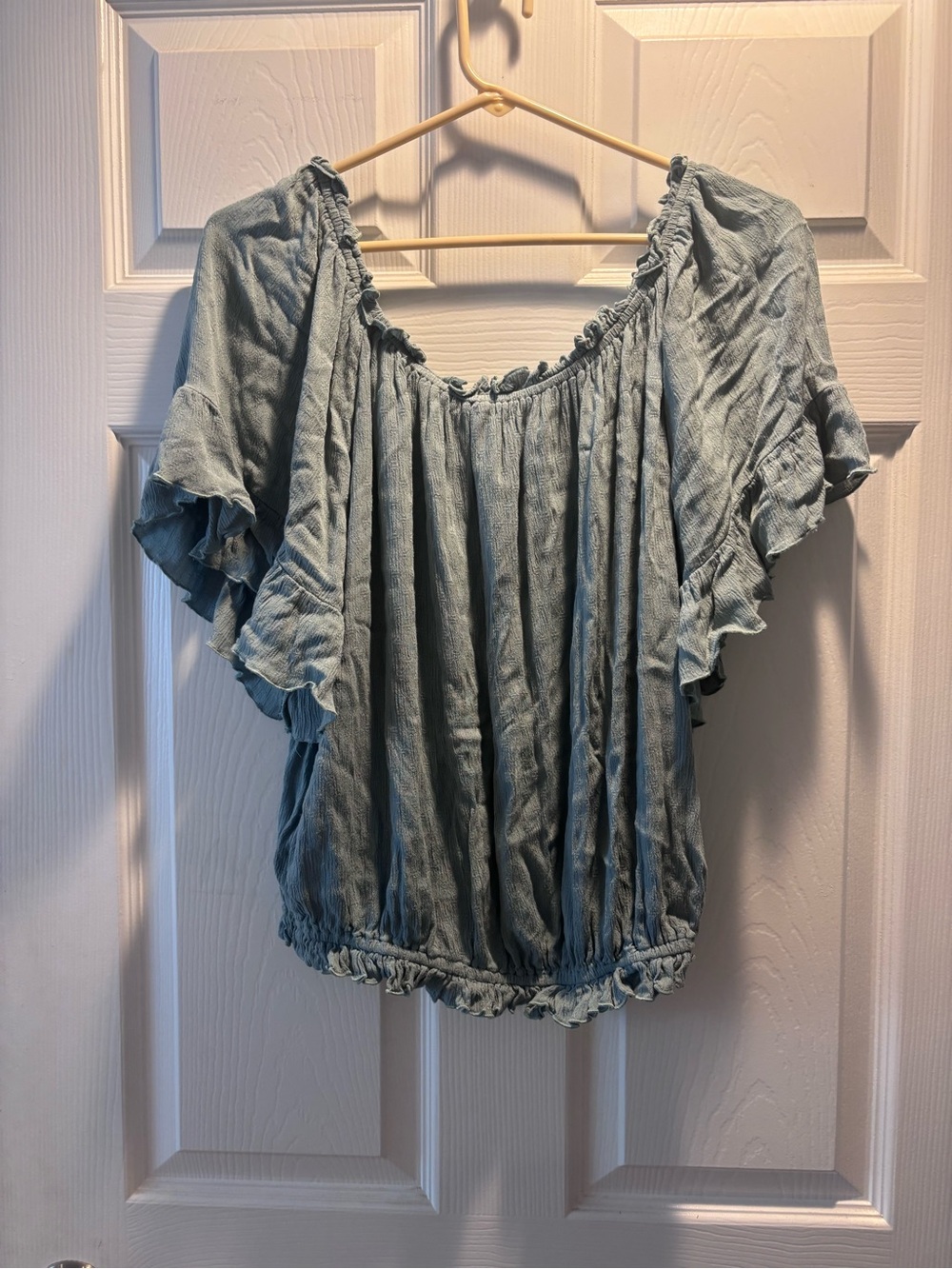 Light Blue Off-Shoulder Ruffle Women's Top - Picture 2 of 3
